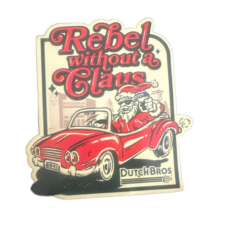 Dutch Bros Festive Santa Sticker in Red and Cream